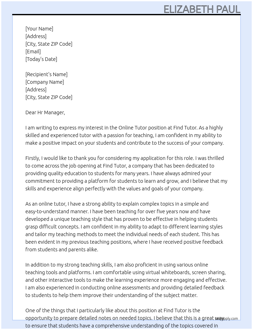 Online tutor At Find tutor Cover Letter