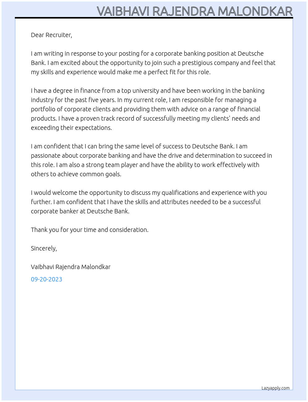 Cover letter for corporate banking - LazyApply