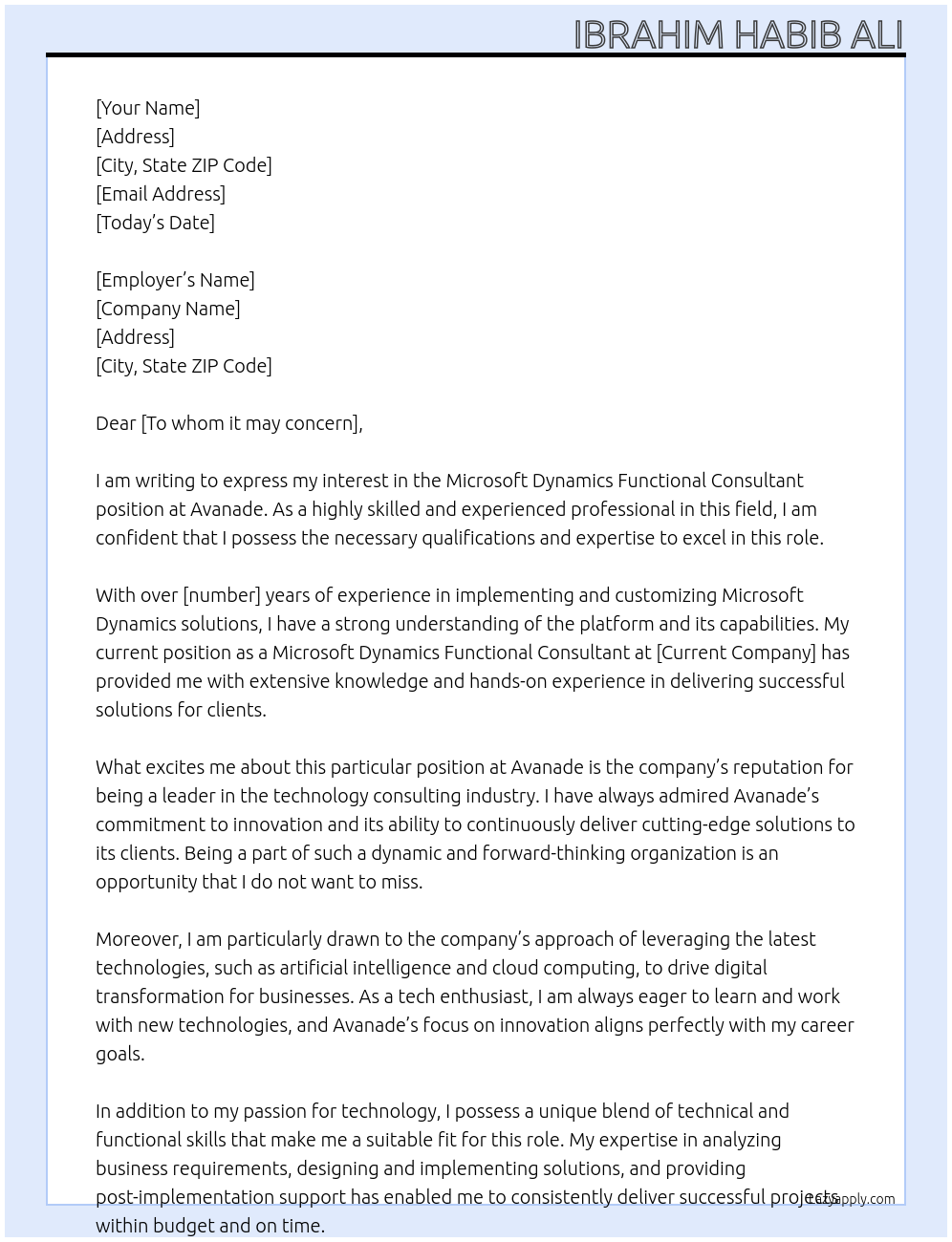 Microsoft Dynimcs Functional consultant At Avanade Cover Letter