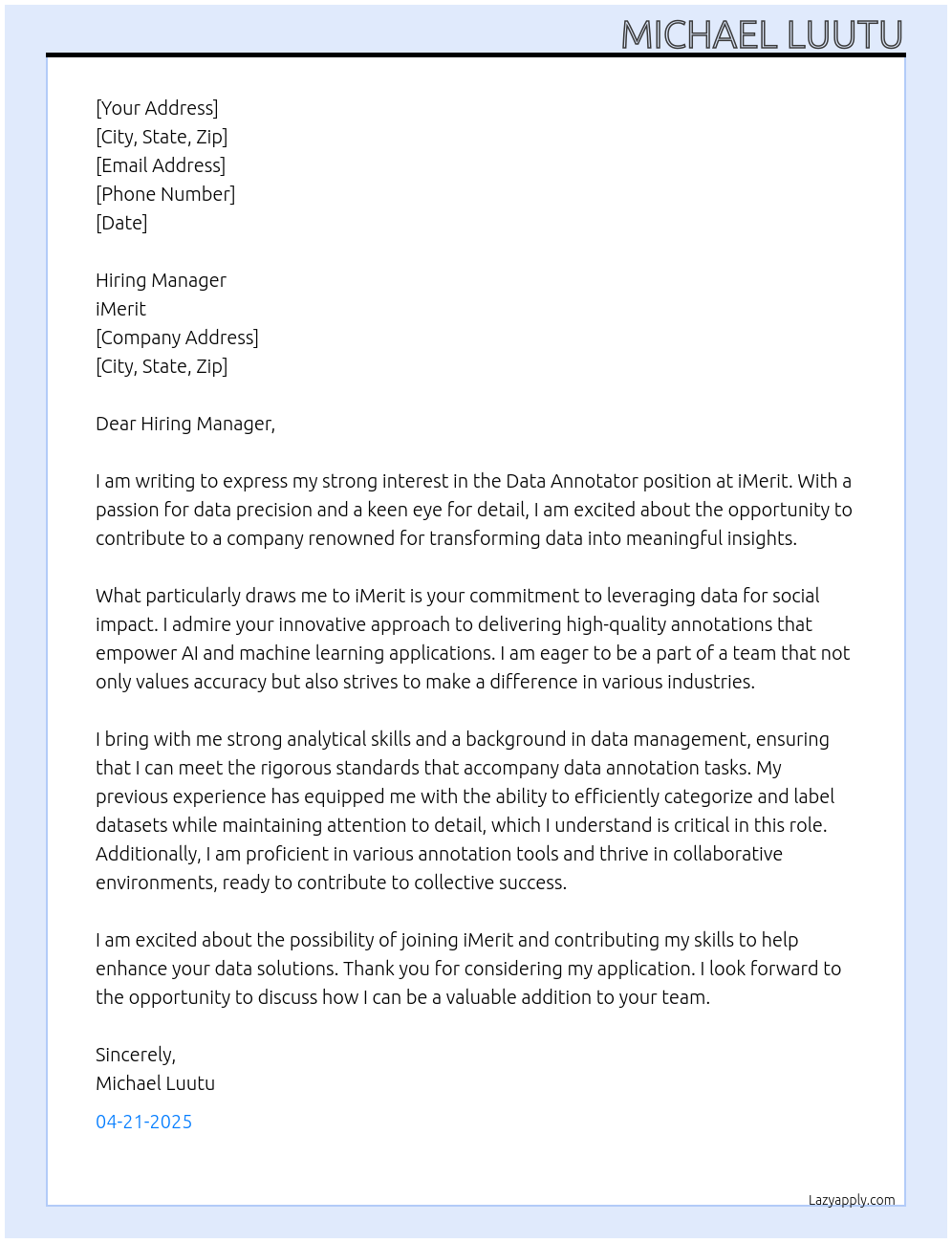 Data annotator At imerit Cover Letter