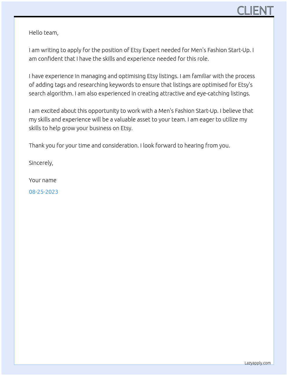 Etsy Expert Needed For Men's Fashion Start-Up At team Cover Letter