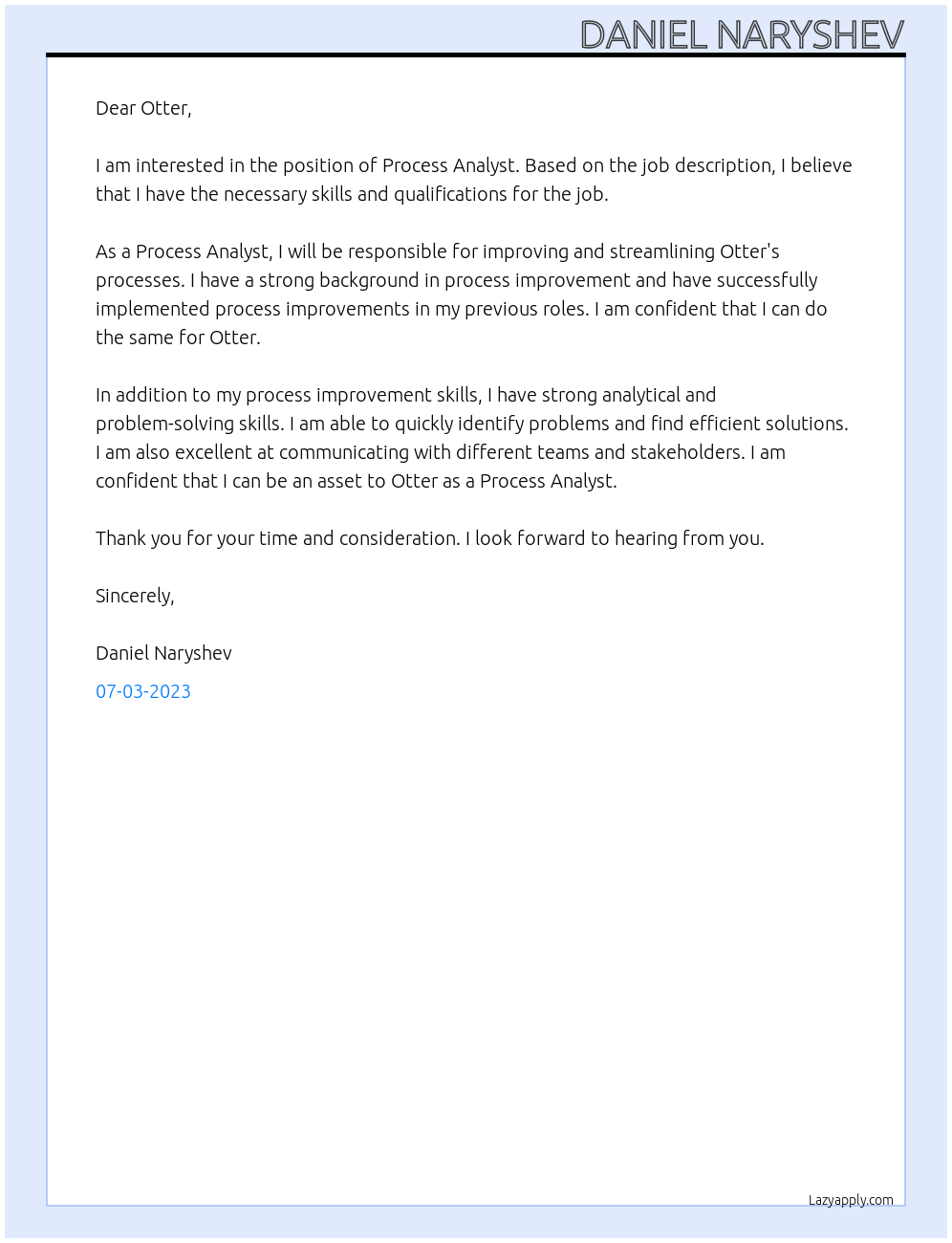 Process Analyst At Otter Cover Letter