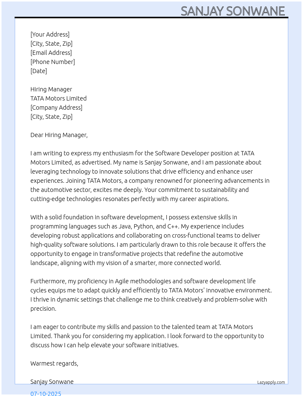 Software developer At TATA motors limited Cover Letter