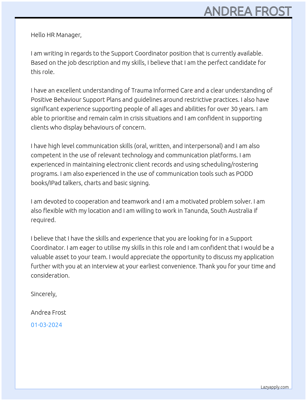 Support Coordinator At My Ability Pathways Cover Letter