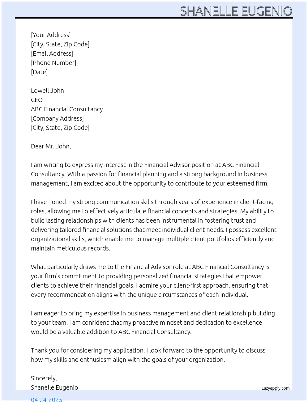 Financial Advisor At ABC Financial Consultancy Cover Letter