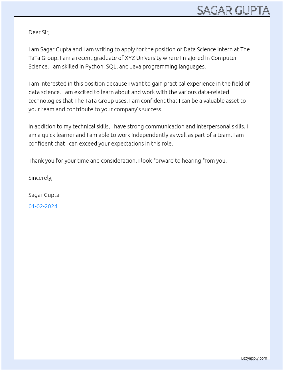 data science At The TaTa Group Cover Letter