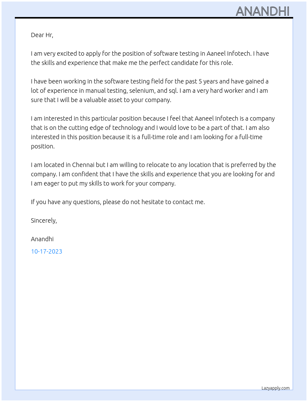 Software testing  At Aaneel infotech  Cover Letter