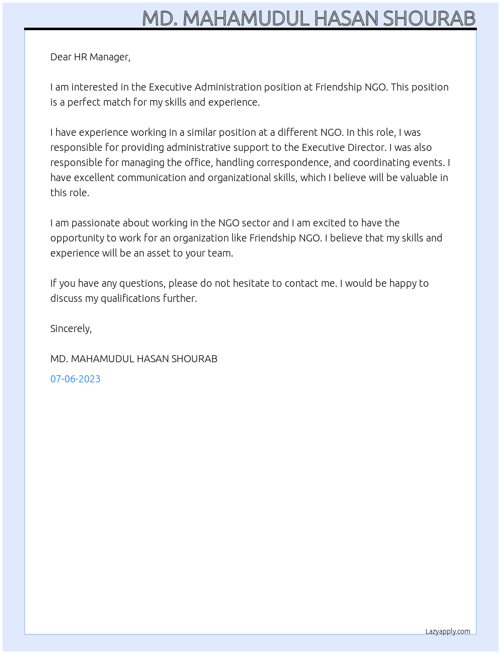 Executive Administration At Friendship NGO Cover Letter