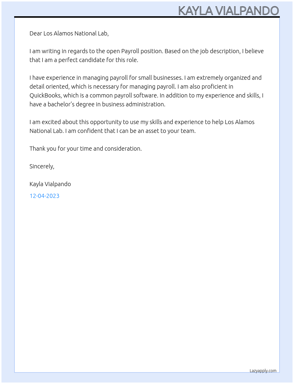 Payroll At Los Alamos National Lab Cover Letter