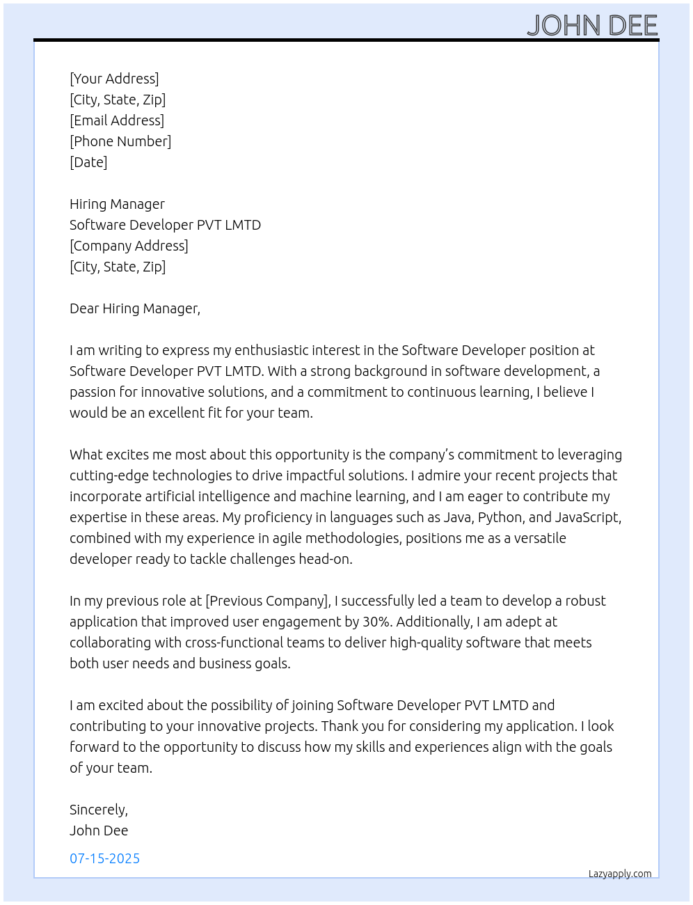 Software Developer At Software Developer PVT LMTD Cover Letter