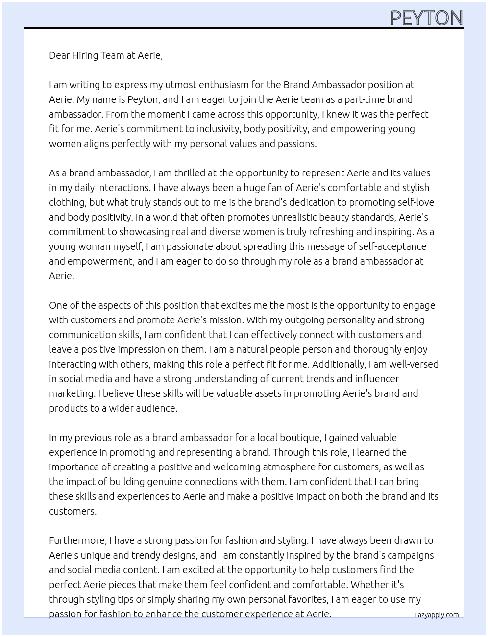 Brand ambassador  At Aerie Cover Letter