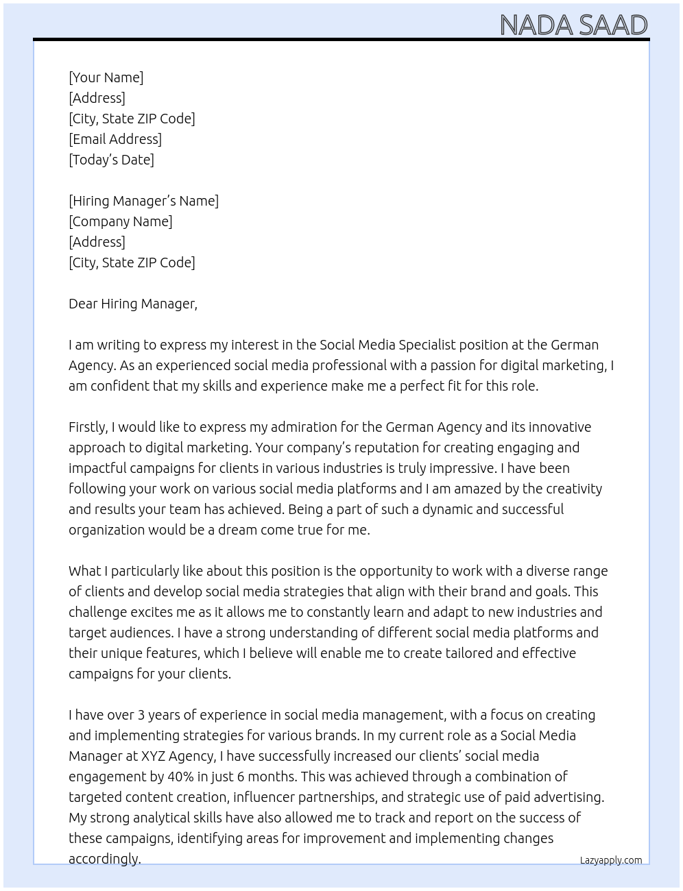 Social Media Specialist At German Agency Cover Letter