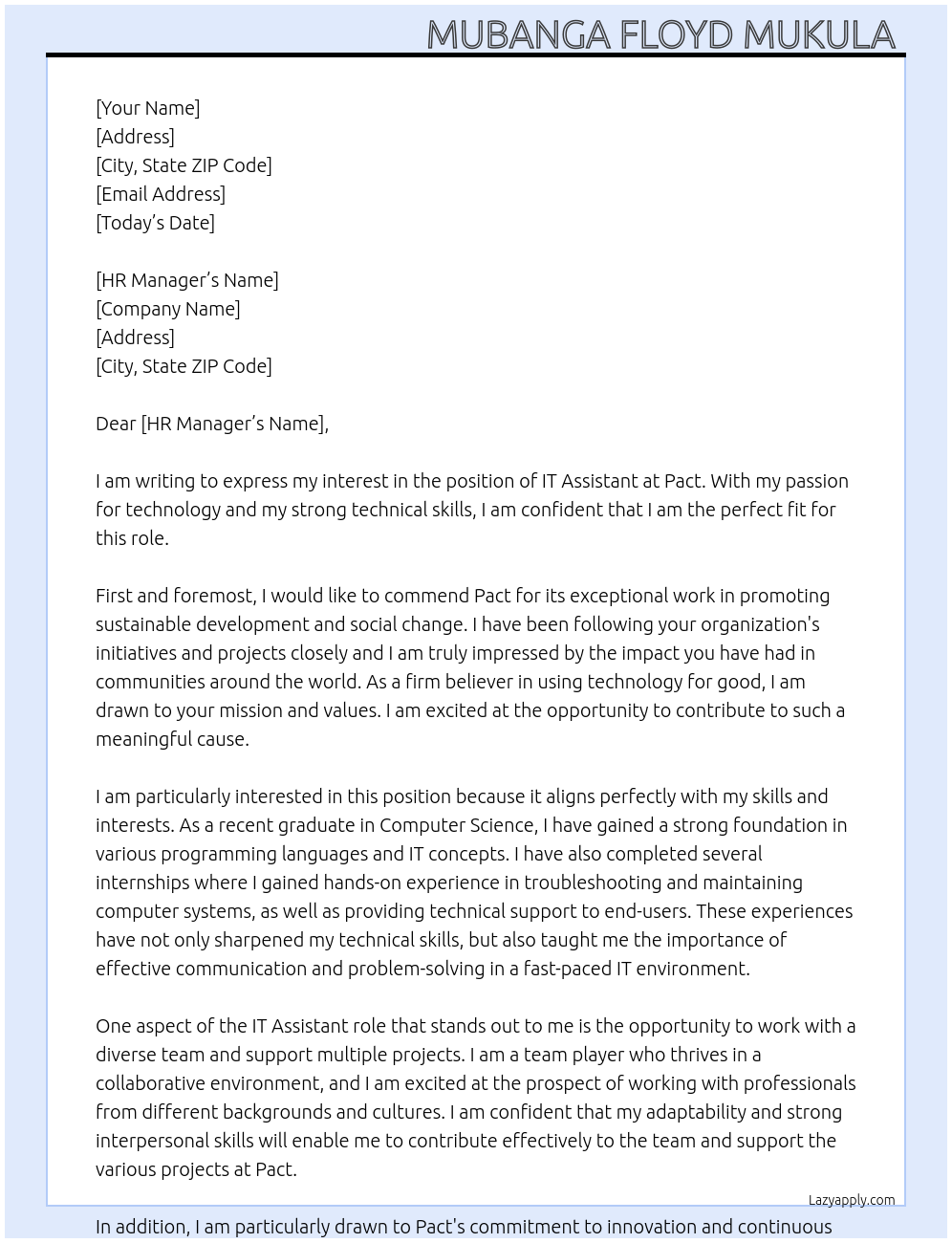 IT Assistant At Pact Cover Letter