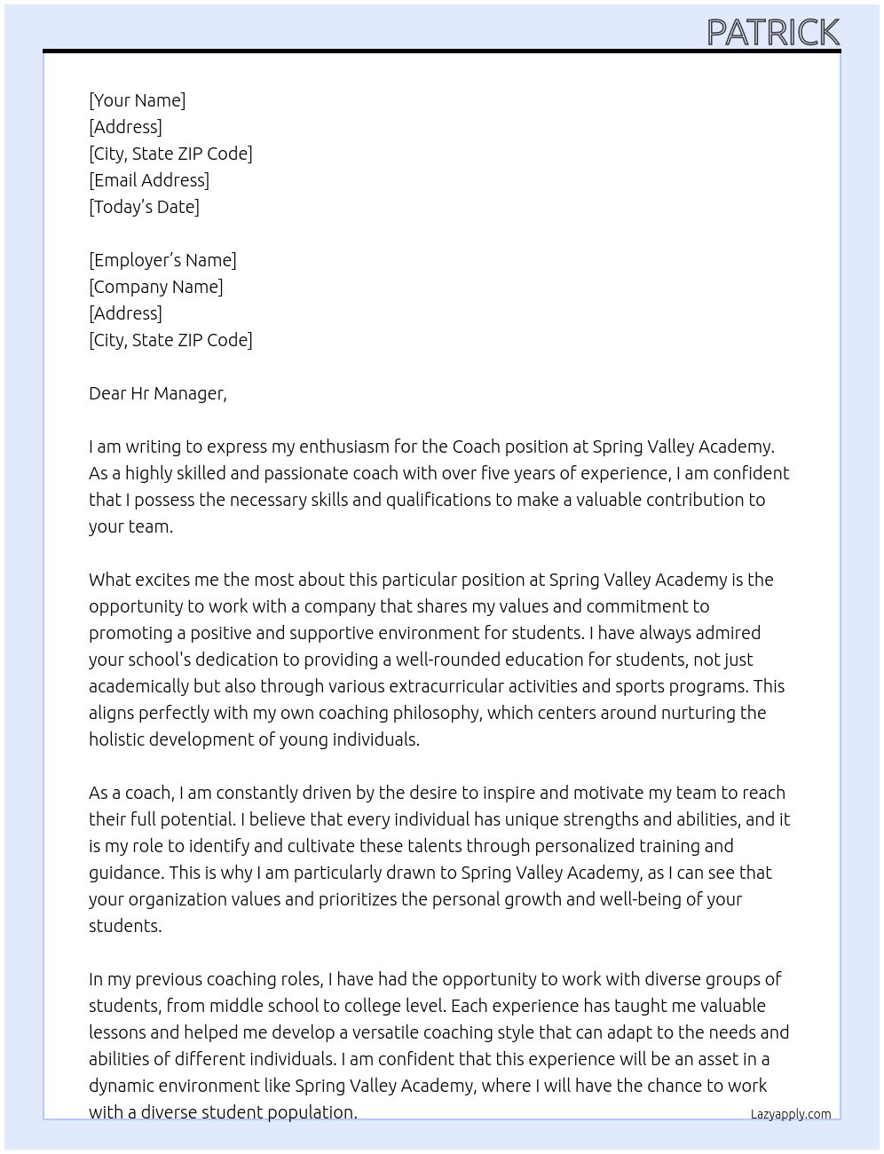 Coach At Spring Valley Academy Cover Letter