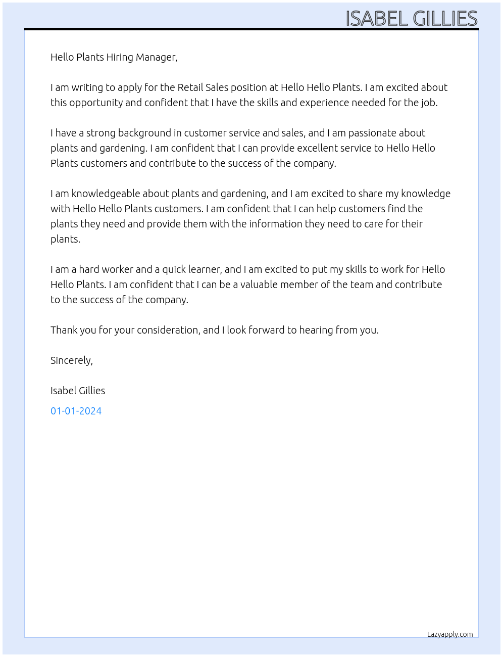 Retail Sales At Hello Hello Plants Cover Letter