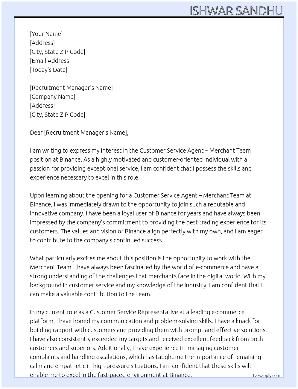 Cover letter for customer service agent - merchant team - LazyApply