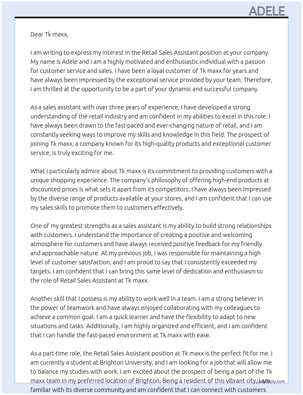 Retail sales assistant At tk maxx Cover Letter