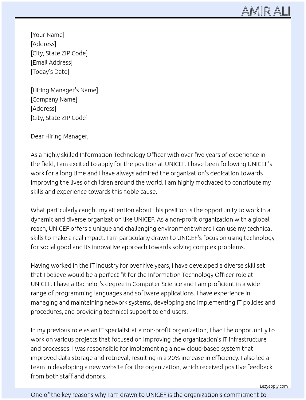 Information Technology Officer At UNICEF Cover Letter