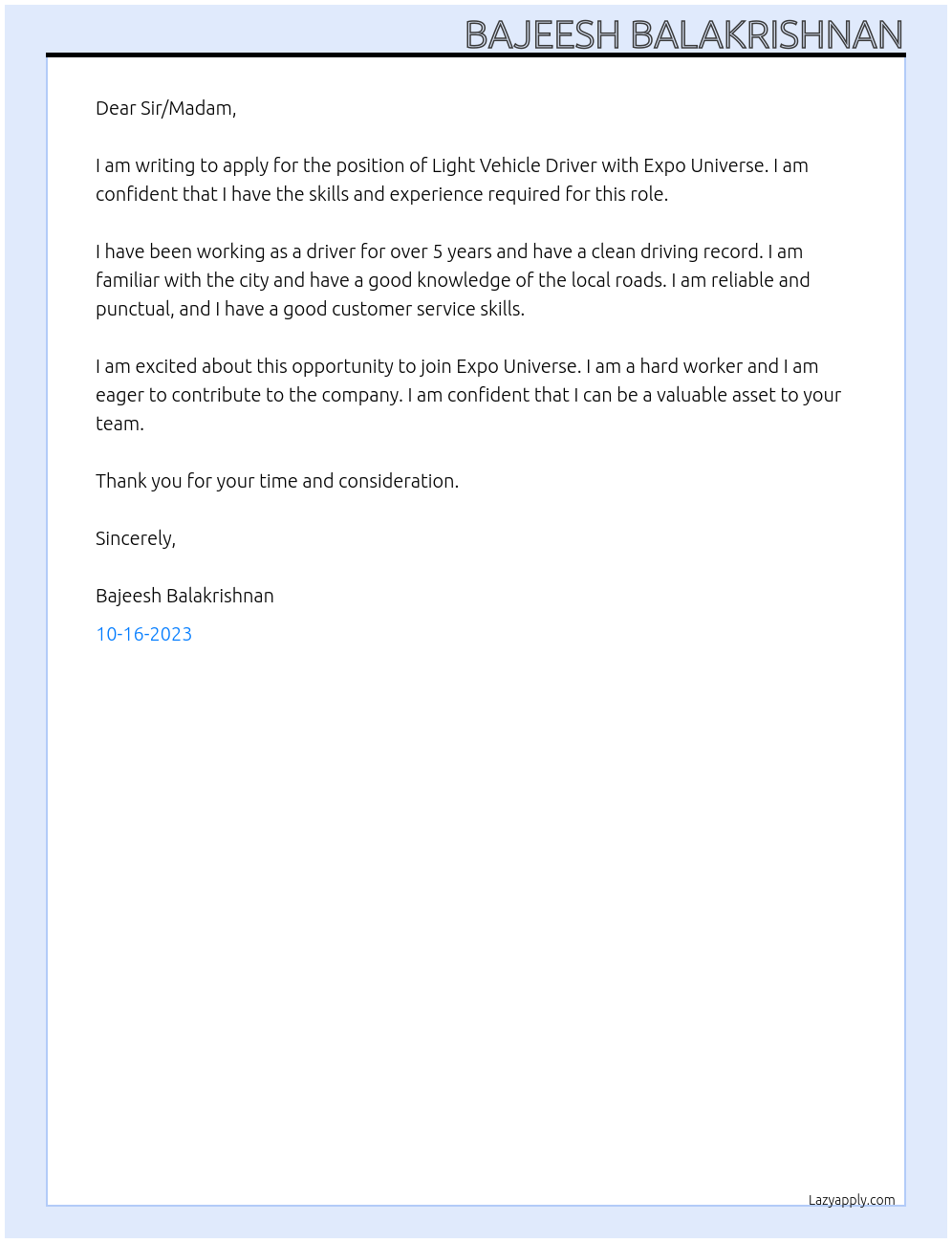Light Vehicle Driver At Expo universe Cover Letter