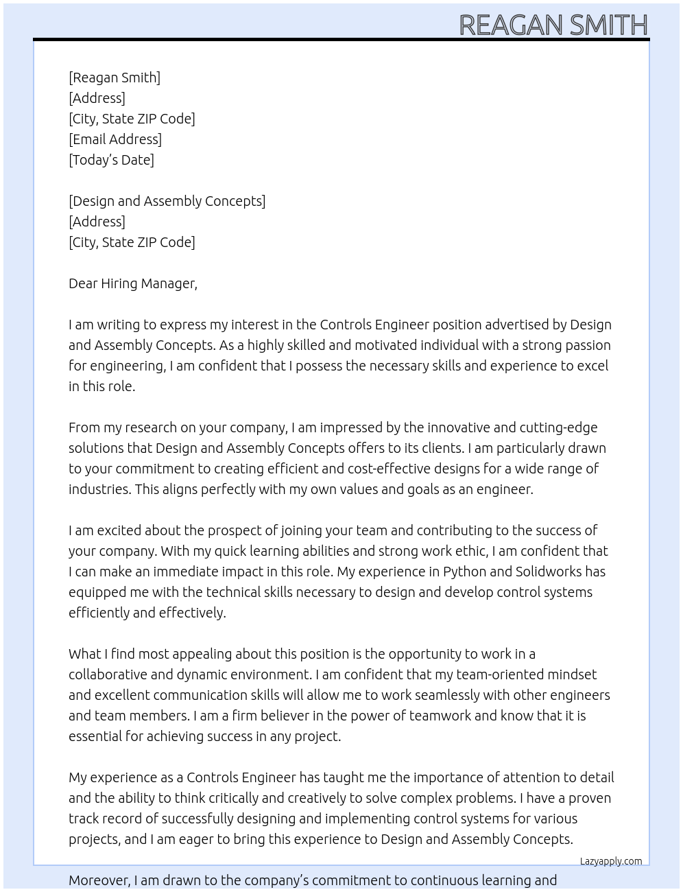 Controls Engineer At Design and Assembly Concepts Cover Letter