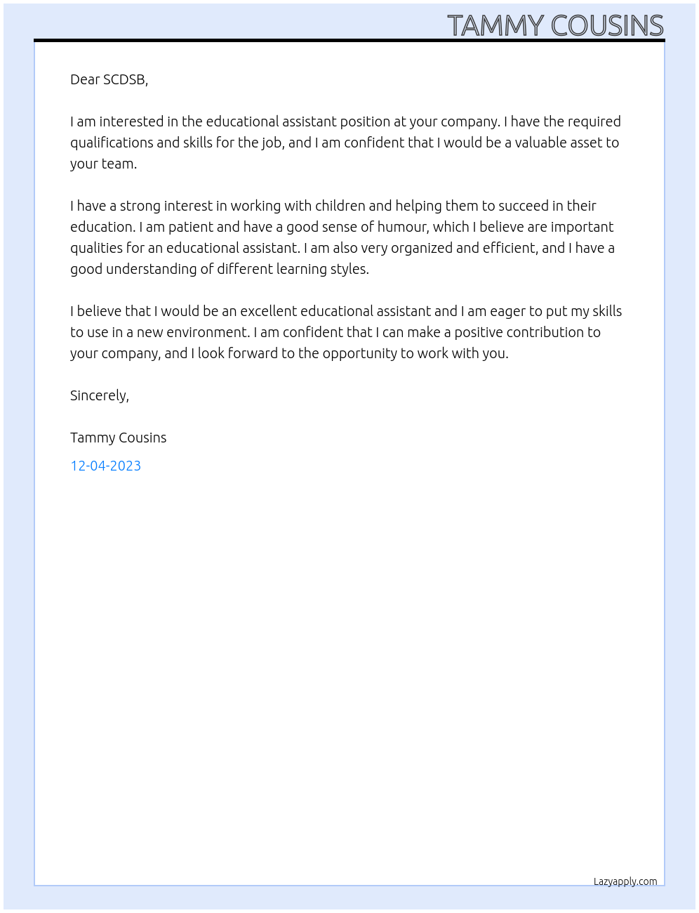 Educational Assistant At SCDSB Cover Letter