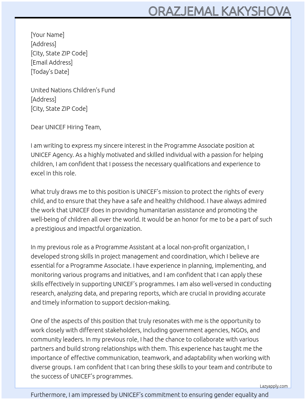 Programme Associate At UNICEF Agency Cover Letter