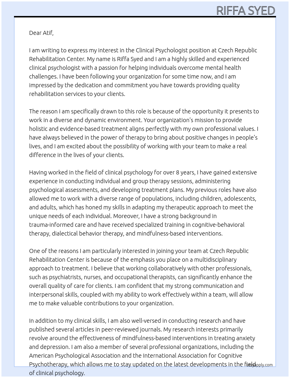 clinical psychologist At Czech Republic Rehabilation center Cover Letter