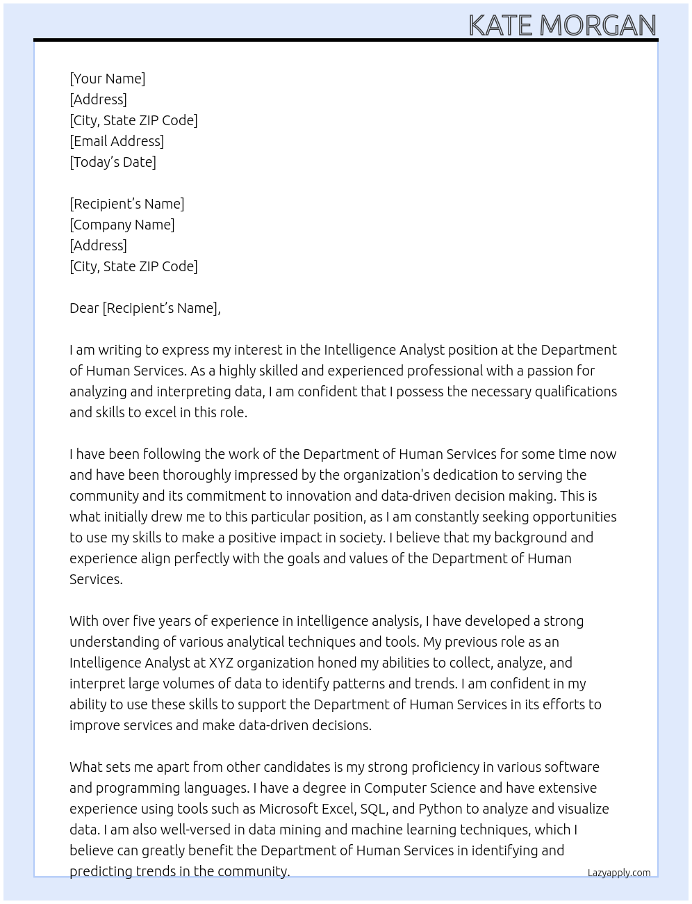 Intelligence Analyst At Department of Human Services Cover Letter