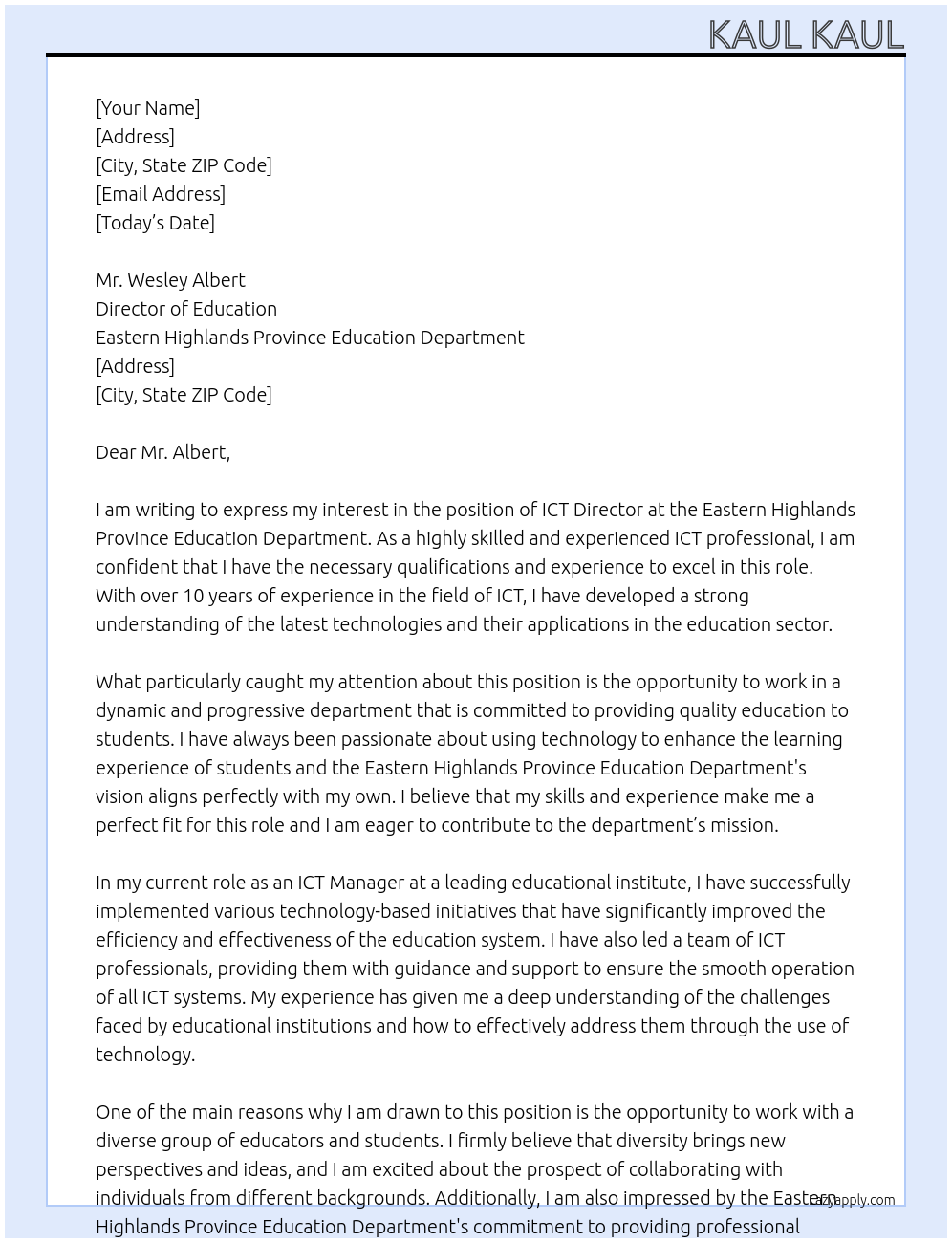 ICT At Eastern Highlands Province Education Department Cover Letter