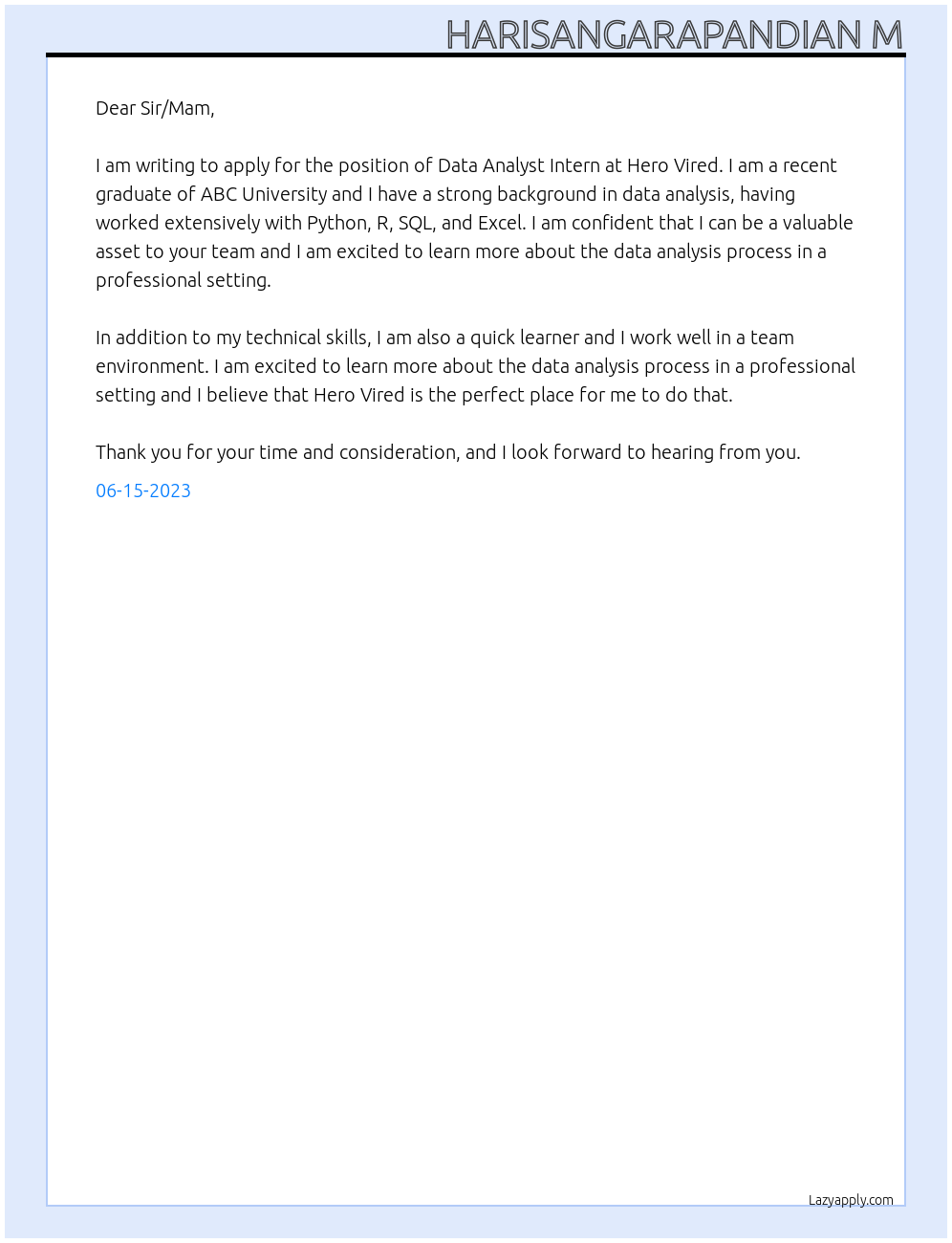 Data analyst intern At Hero Vired Cover Letter