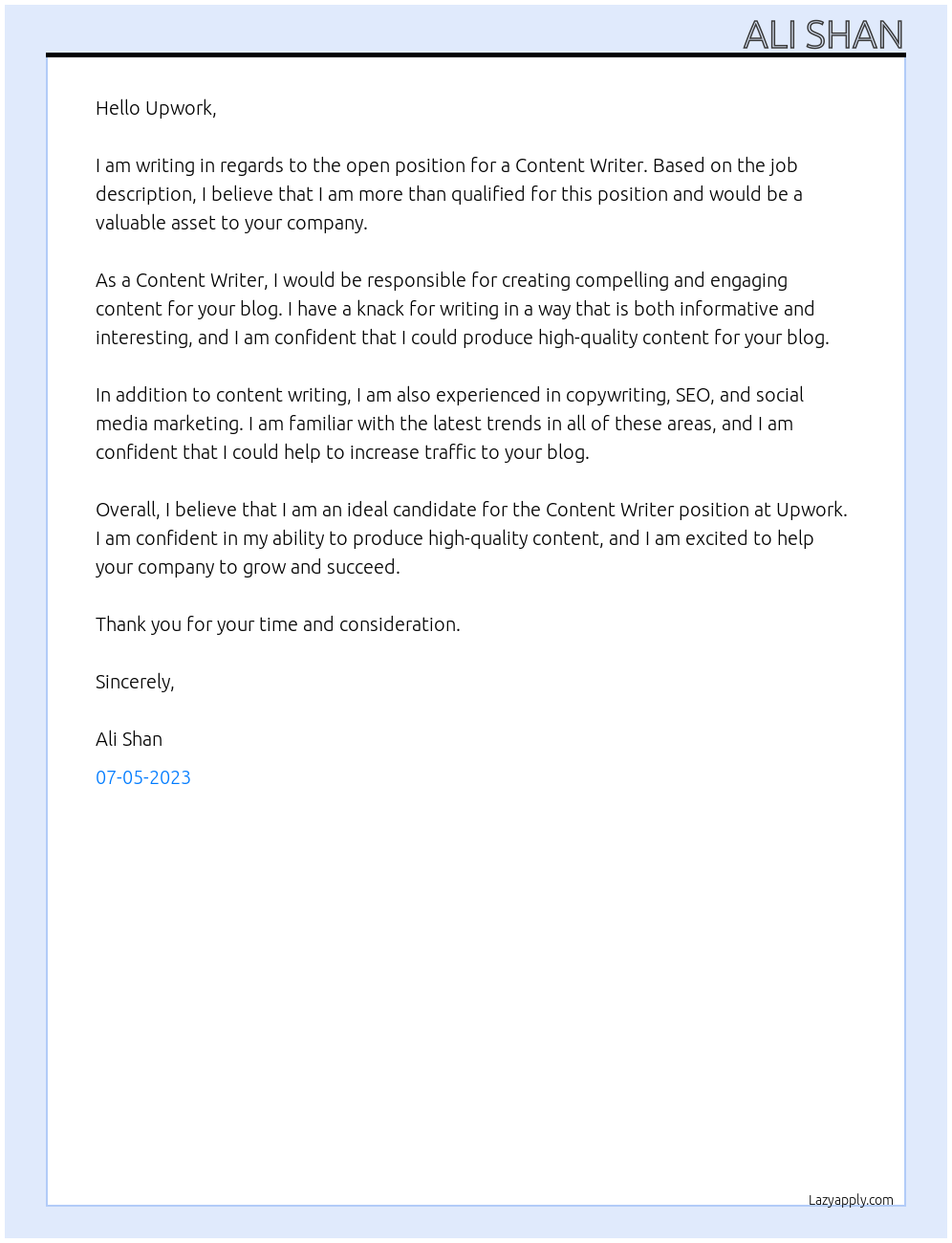 Content Writing At Upwork Cover Letter