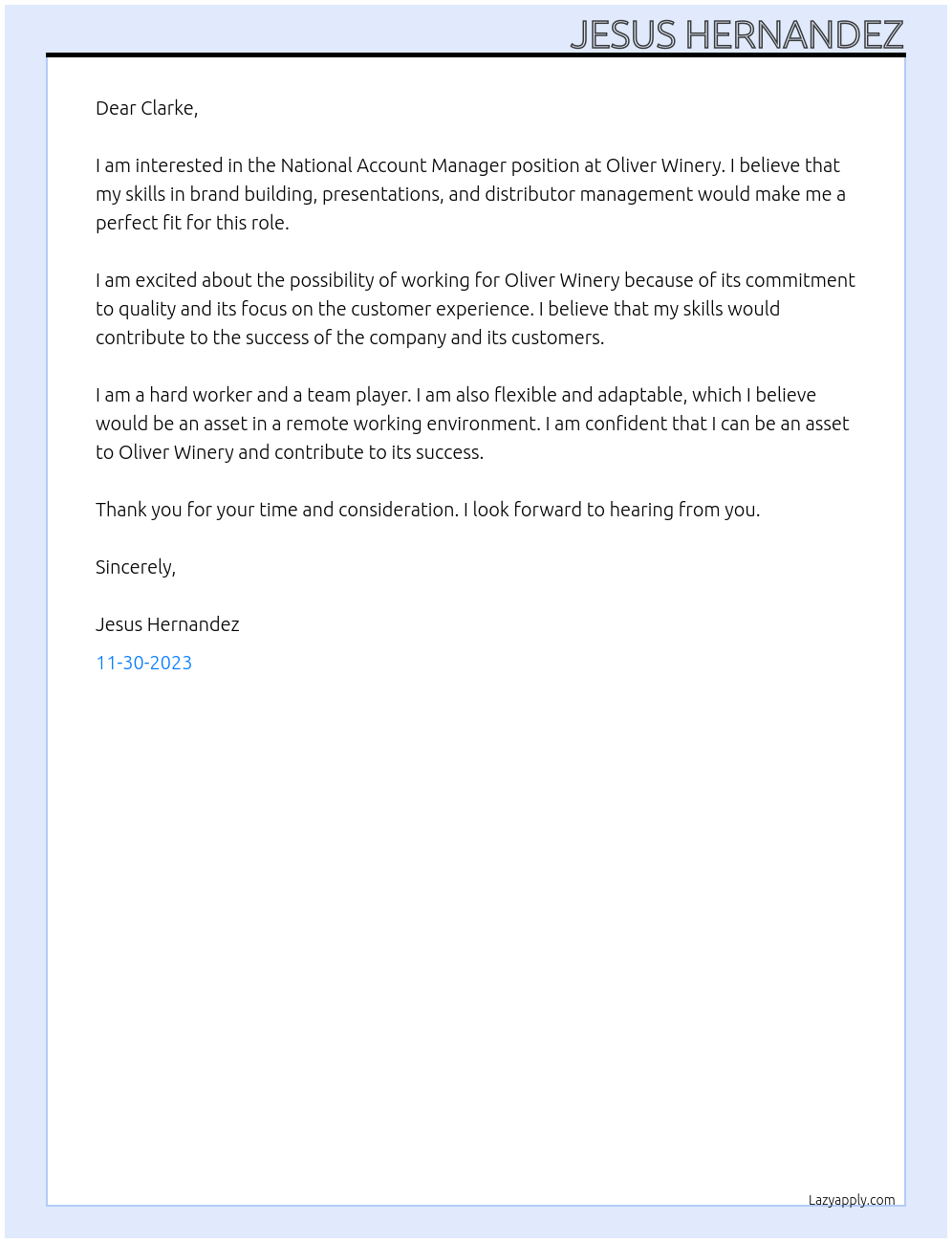 National Account Manager At Oliver Winery Cover Letter