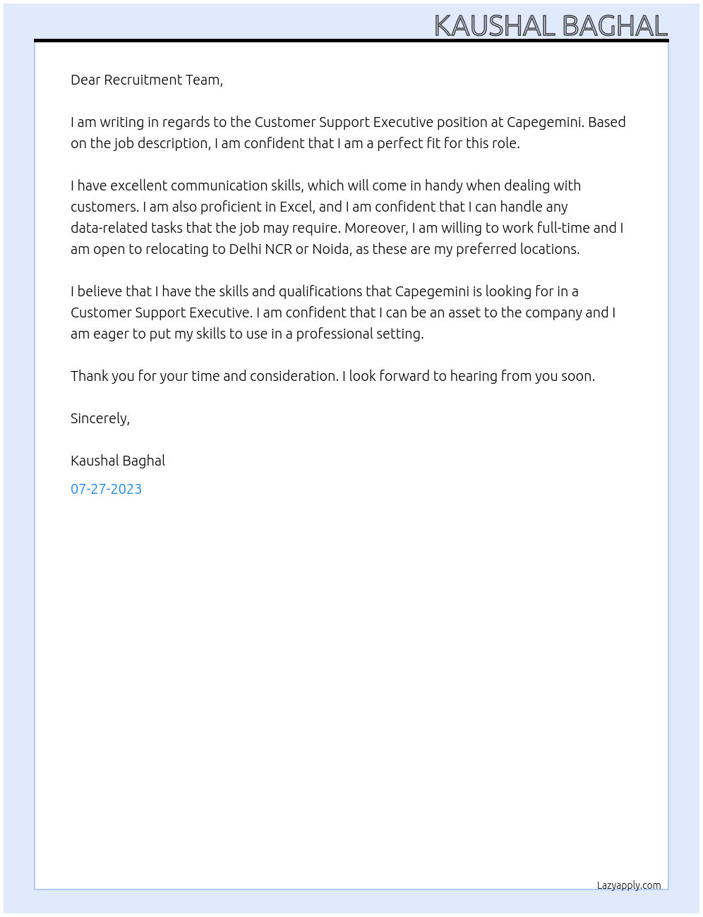 Customer Support Executive At Capegemini Cover Letter
