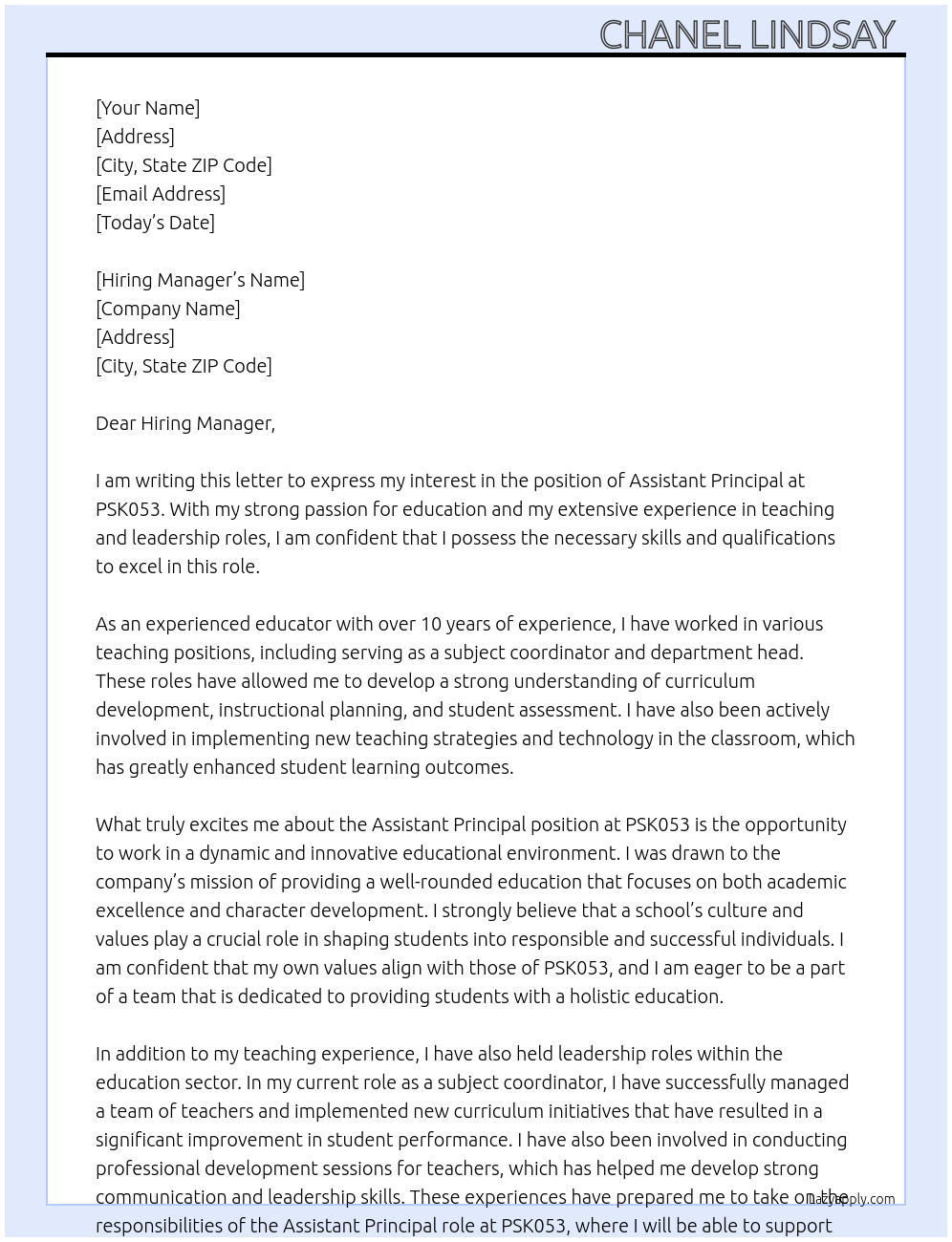 Assistant Principal At PSK053 Cover Letter