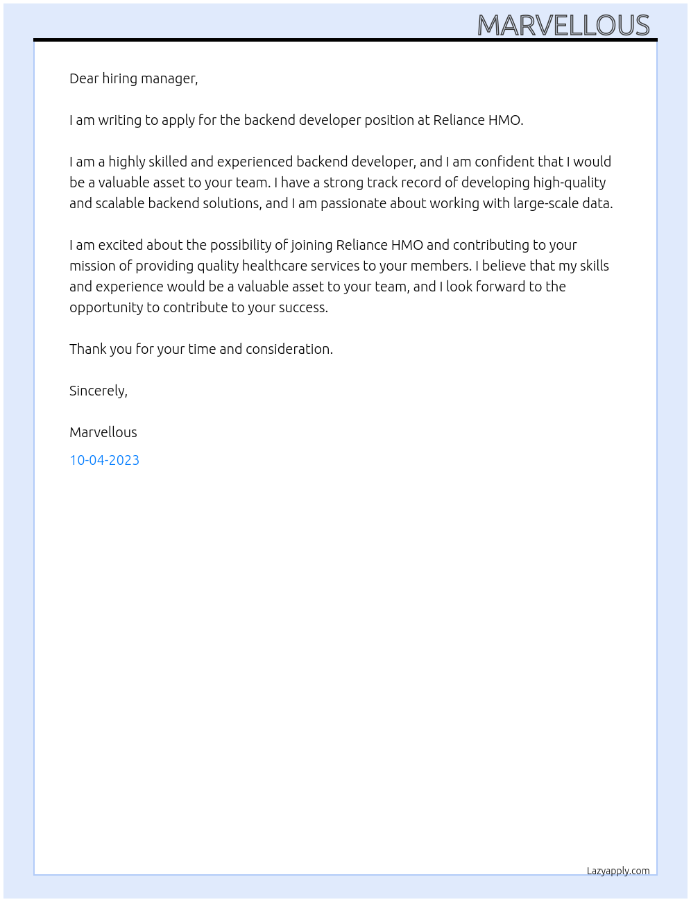 Backend developer At Reliance HMO Cover Letter