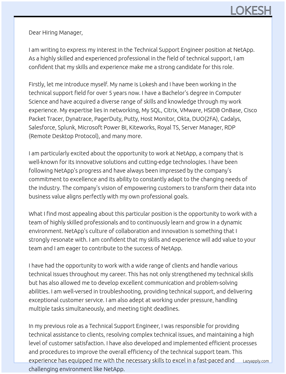 Technical Support Engineer At NetApp Cover Letter