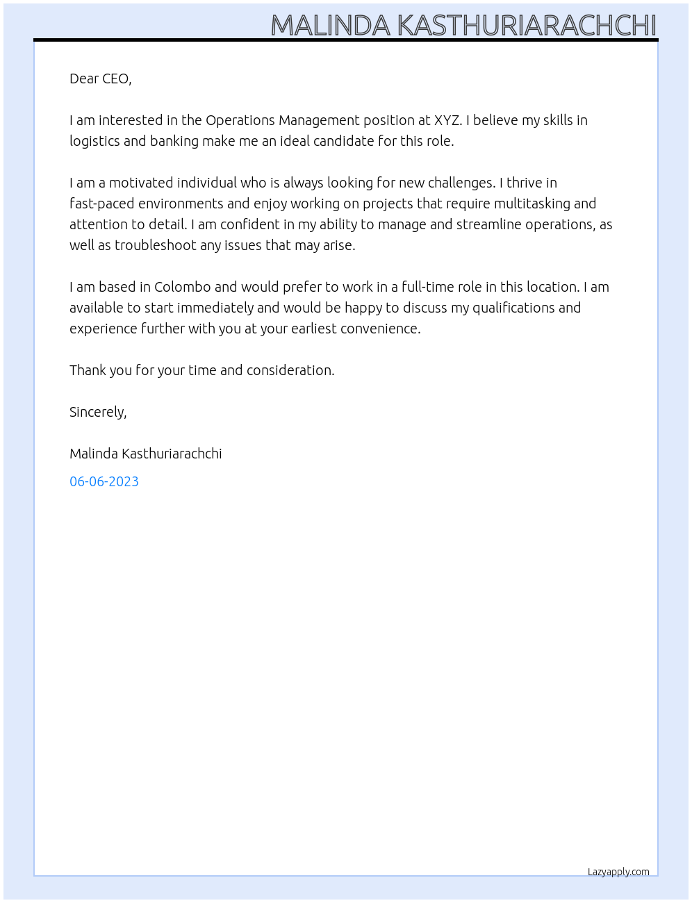 Operations Management At Xyz Cover Letter