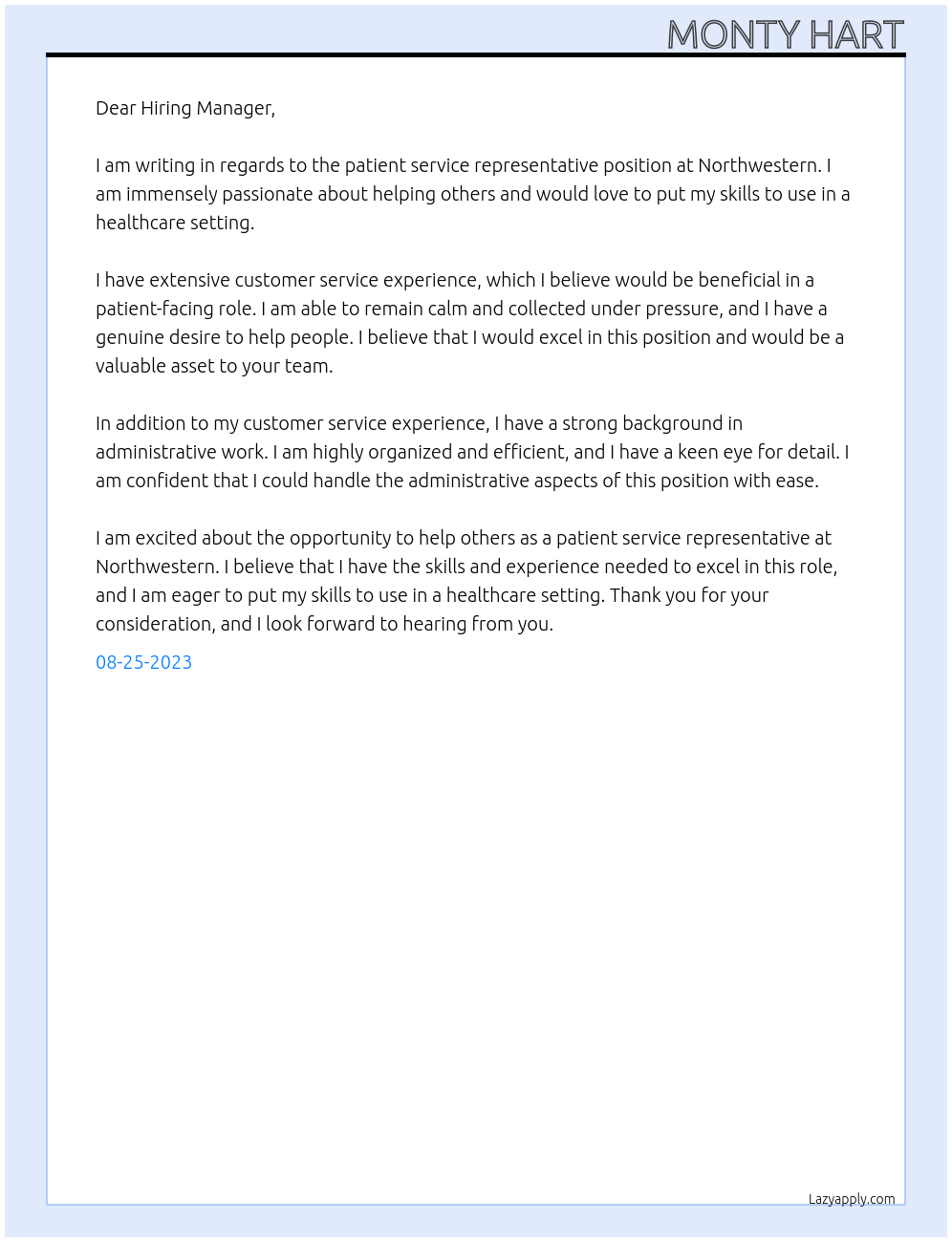 patient service representative At Northwestern Cover Letter