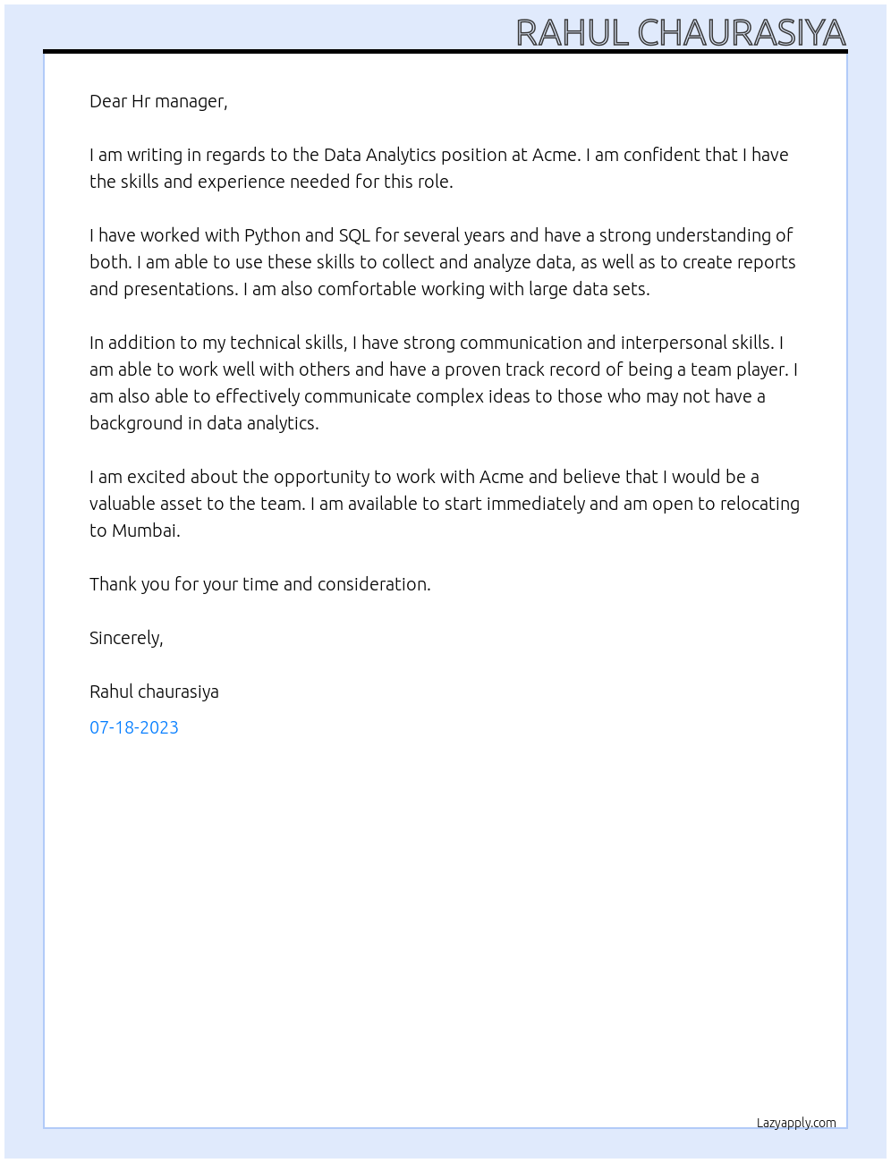 Data analytics At Acme Cover Letter