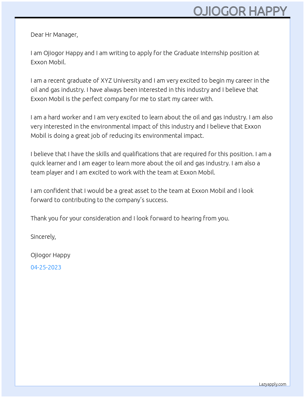 Graduate Internship At Exxon Mobil Cover Letter