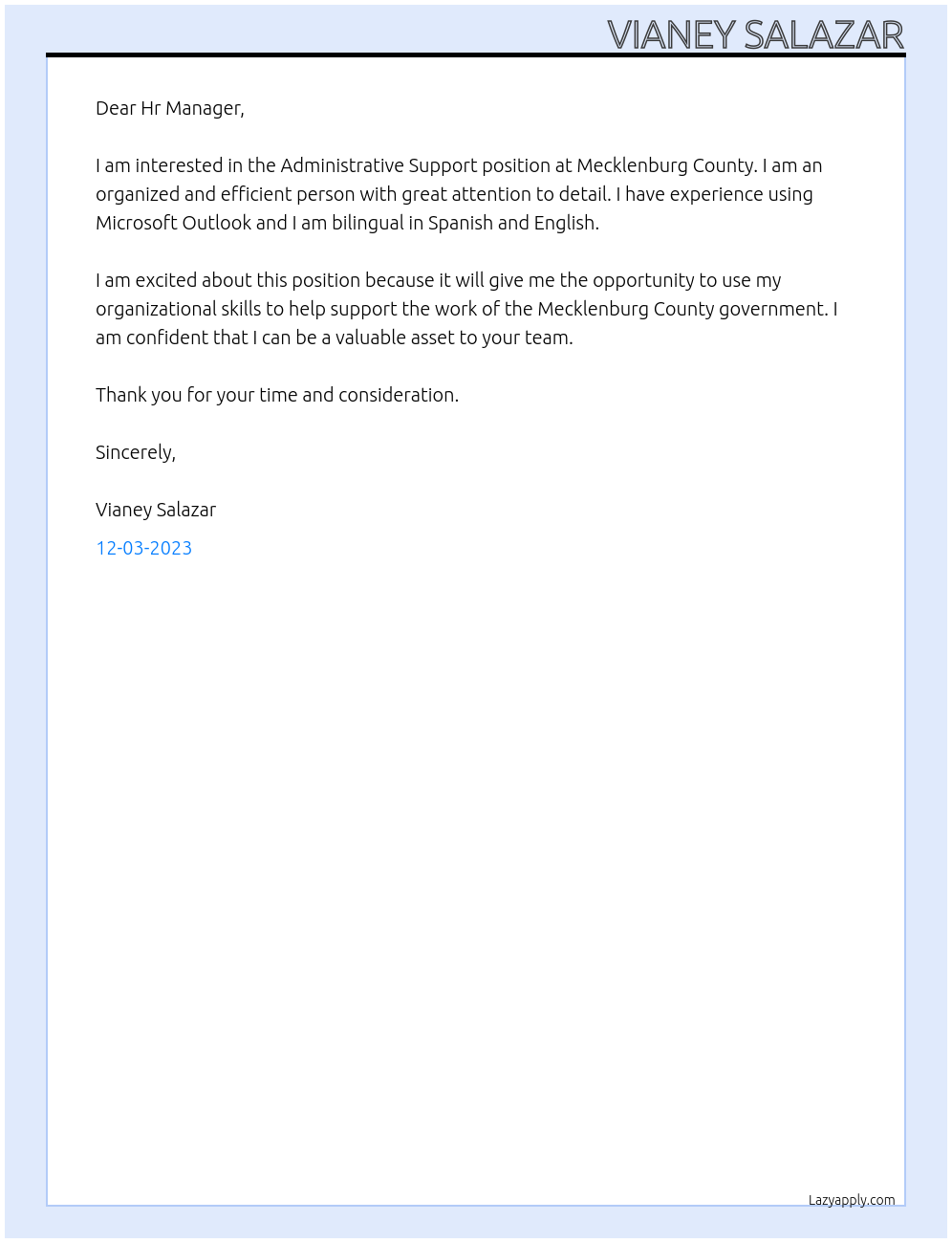 Administrative Support At Mecklenburg County Cover Letter