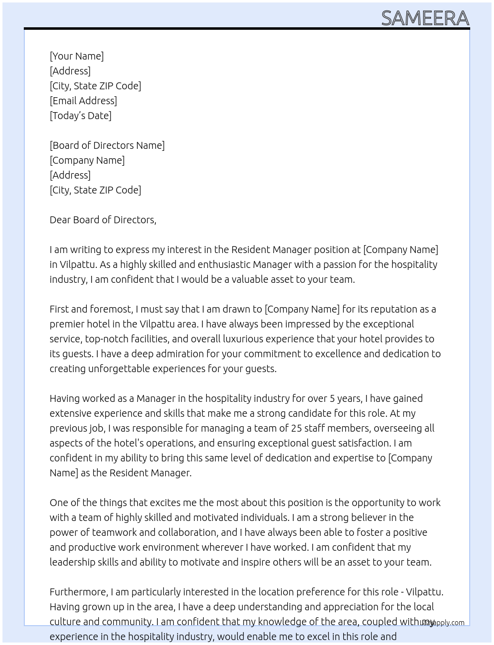 Resident Manager At Hotel Cover Letter