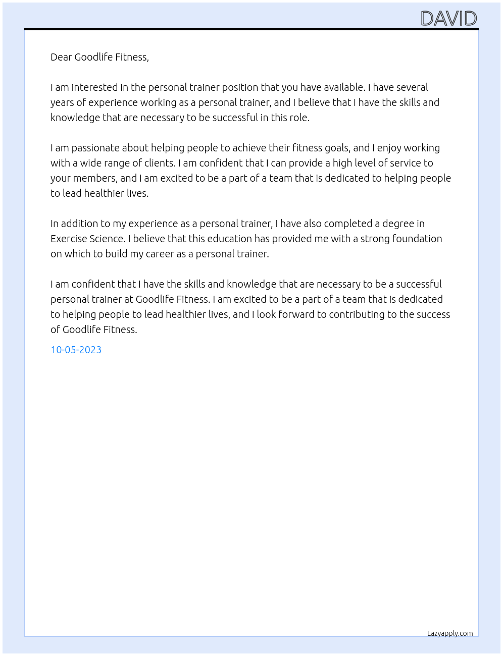 Personal Trainer At Goodlife Fitness Cover Letter