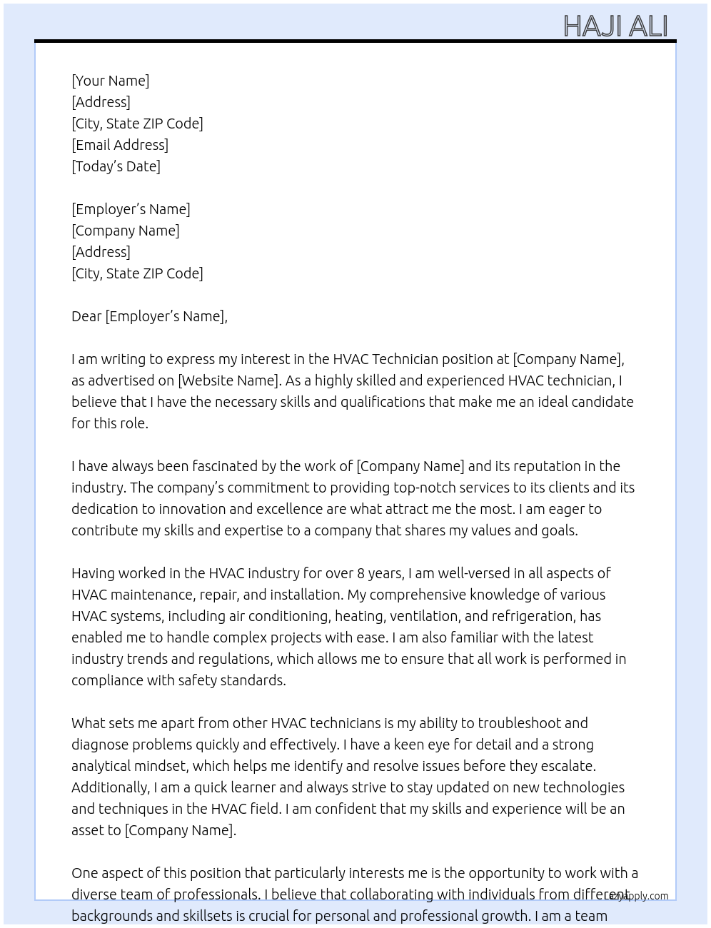 HVAC technician At MNC company Cover Letter