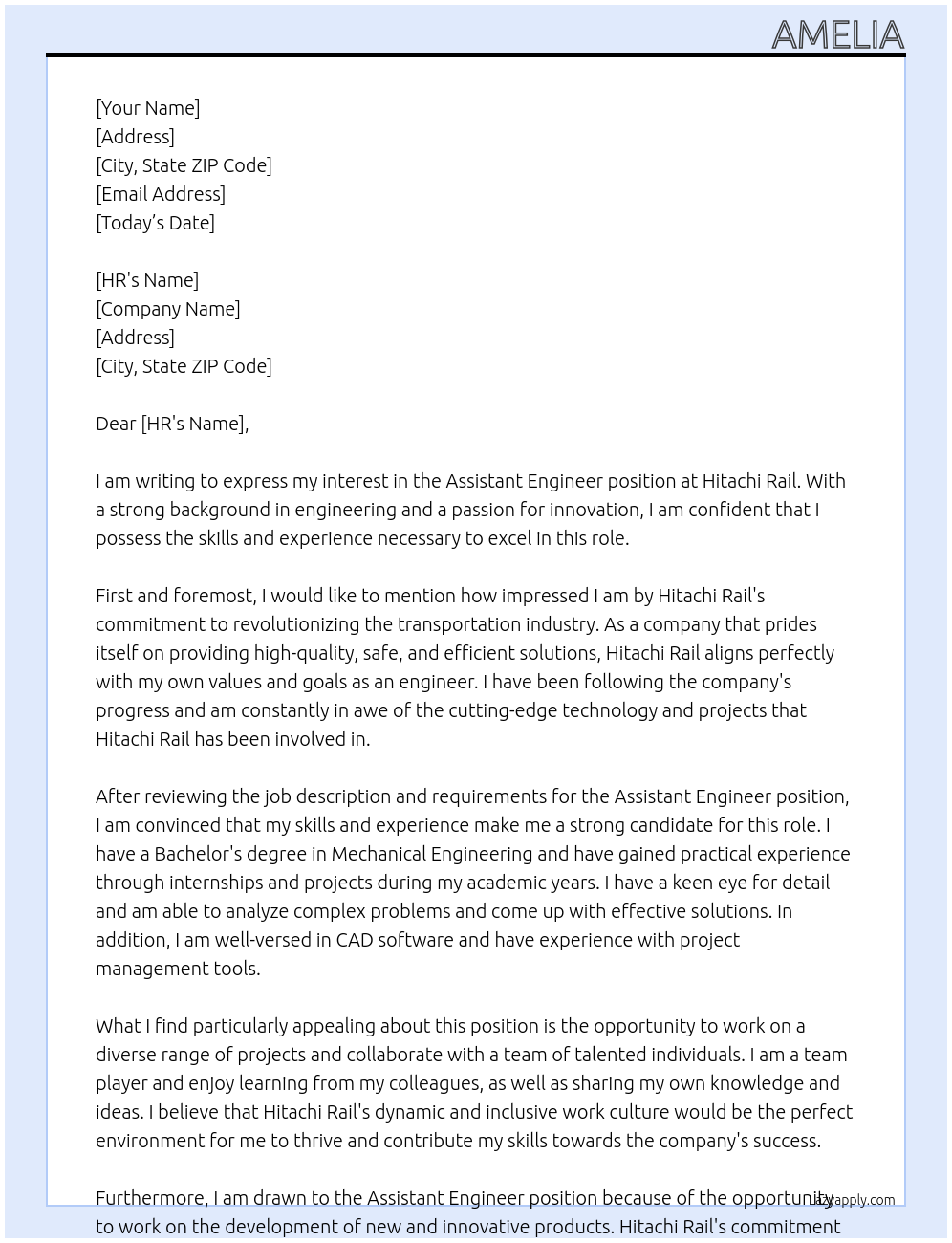 Assistant Engineer At Hitachi Rail Cover Letter