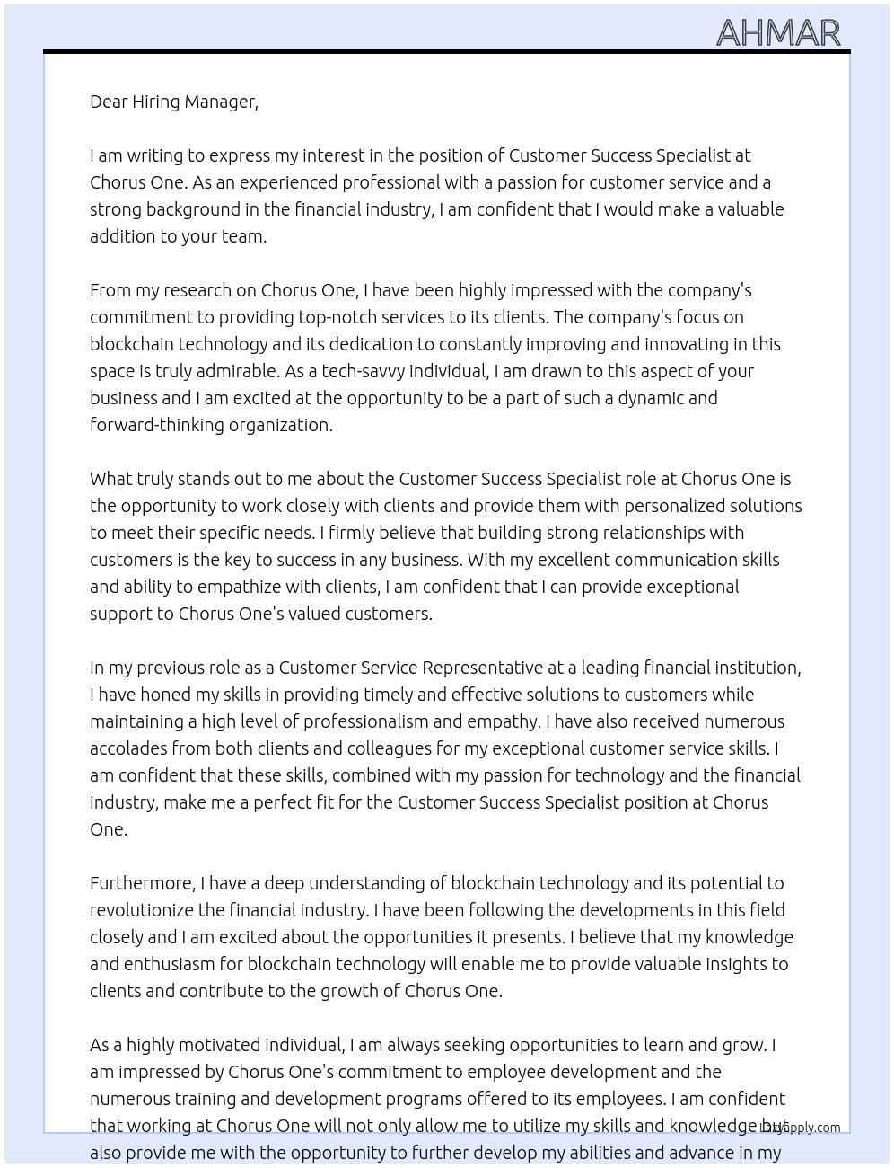 Customer Success Specialist At Chorus One Cover Letter
