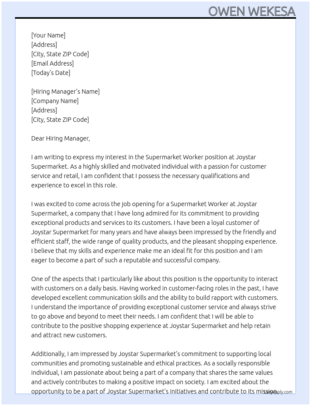 Supermarket worker At Joystar supermarket Cover Letter