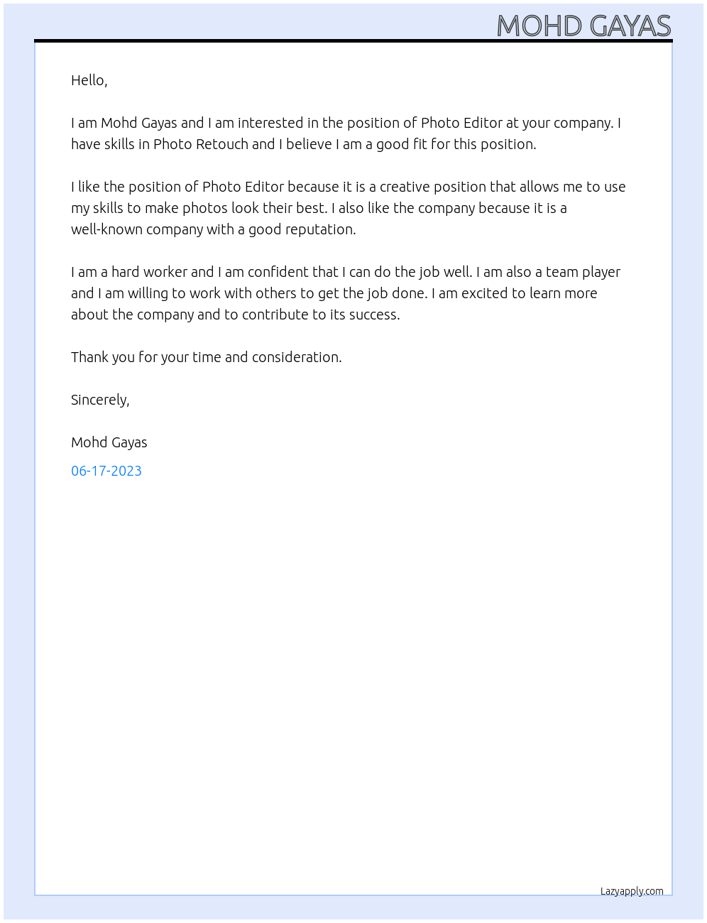 Photo Editor At client Cover Letter