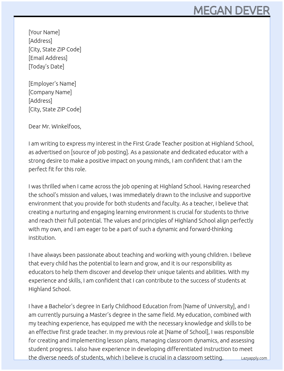 First Grade Teacher At Highland School  Cover Letter