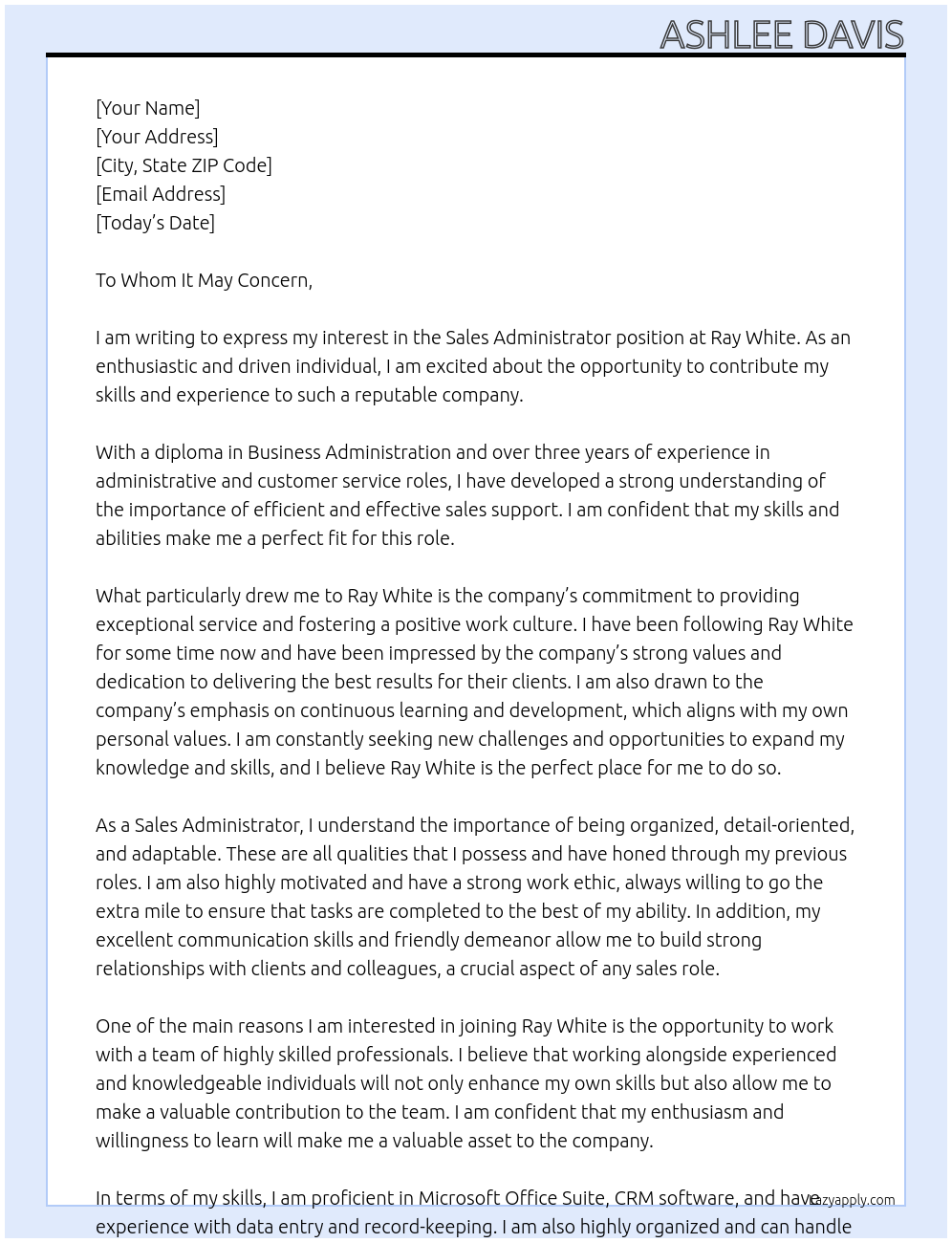 Sales Administrator At Ray White Cover Letter